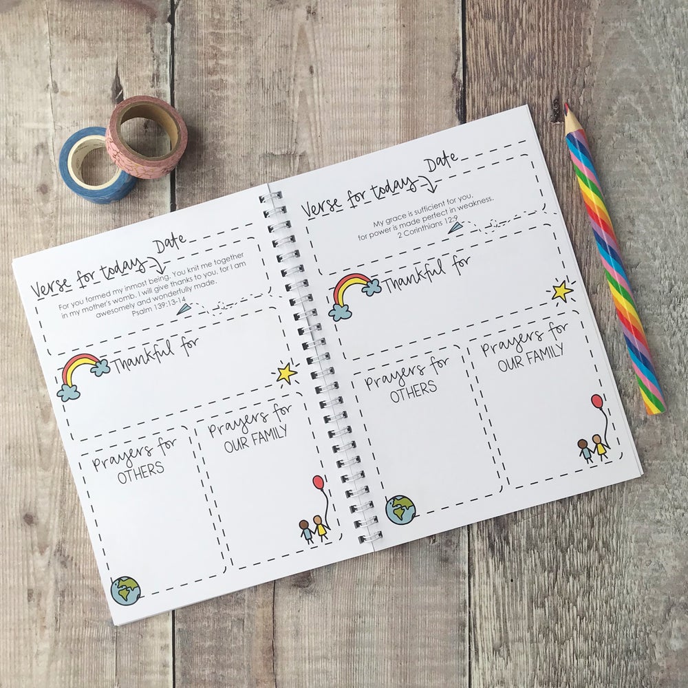 A5 63 page family prayer journal with fun illustrations on the front and back