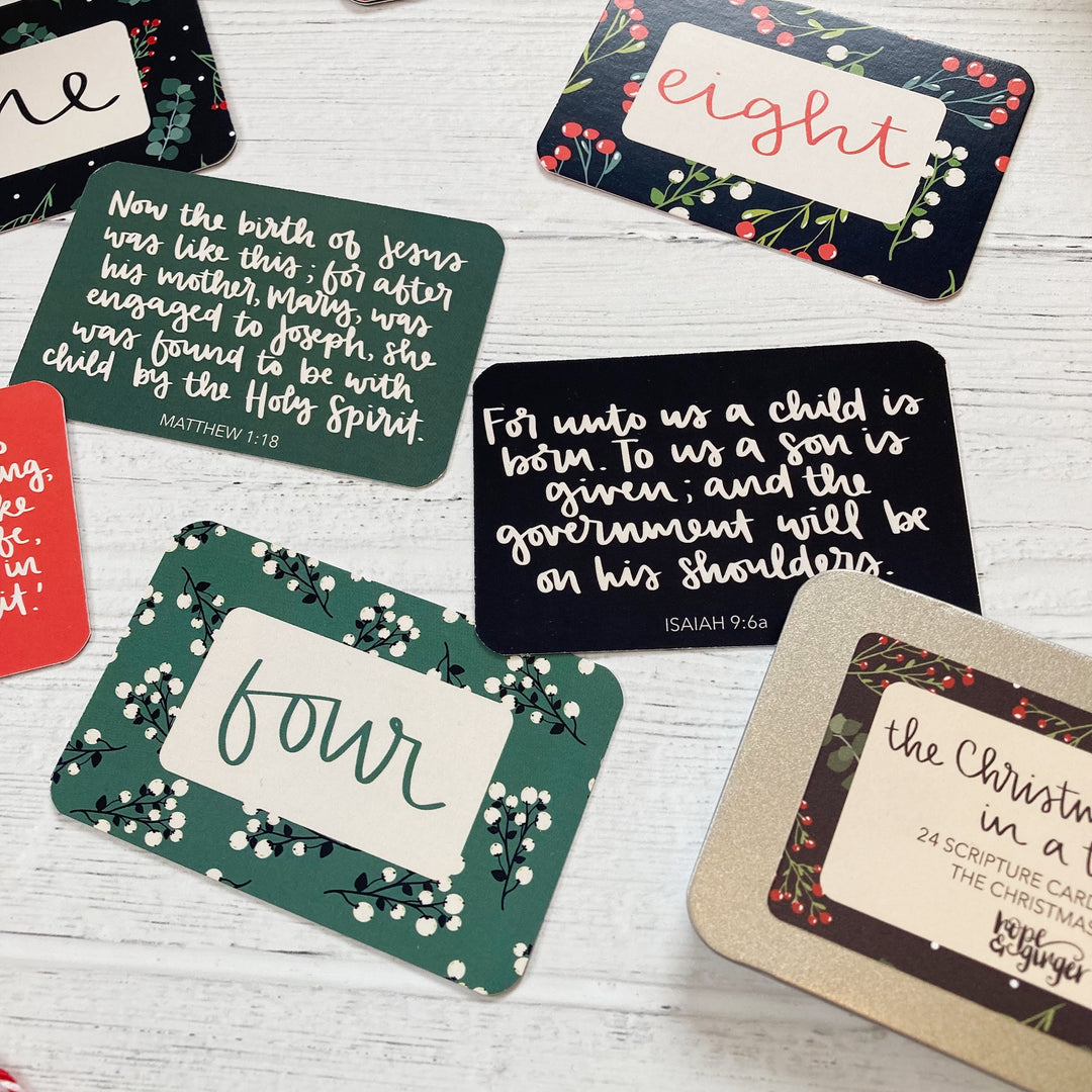 The Christmas Story in a tin - 24 Hand-Lettered Scripture Cards