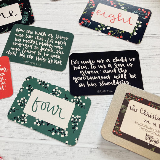 The Christmas Story in a tin - 24 Hand-Lettered Scripture Cards