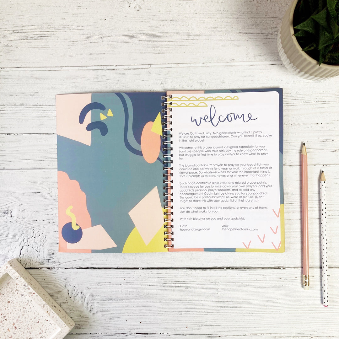 Godparent prayer journal colourful patterned inside cover with welcome page