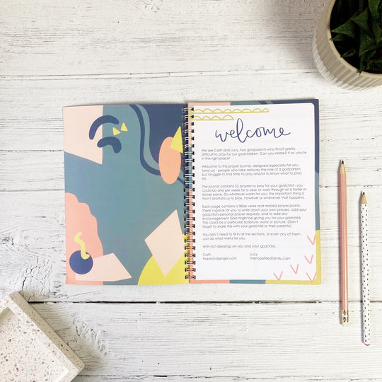 Godparent prayer journal colourful patterned inside cover with welcome page