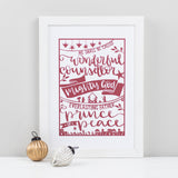 Festive print printed with a hand-drawn paper cut style design in red on white featuring the beautiful words of Isaiah 9:6 