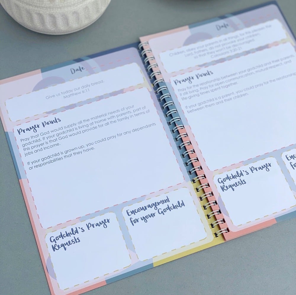 Godparent prayer journal - a prayer resource to pray for your godchild - double page spread