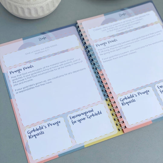Godparent prayer journal - a prayer resource to pray for your godchild - double page spread