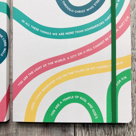 Notebook with colorful circular designs and text on a wooden surface