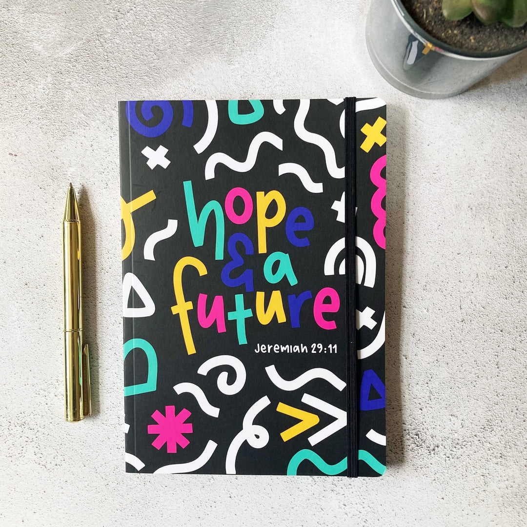 Black Christian journal with Jeremiah 29:11 verse “Hope and a Future” – hand drawn geometric cover design