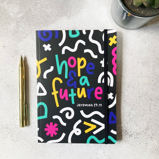 Black Christian journal with Jeremiah 29:11 verse “Hope and a Future” – hand drawn geometric cover design