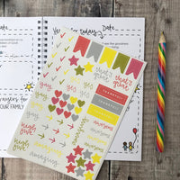 A5 63 page family prayer journal with fun illustrations on the front and back with Bright stickers