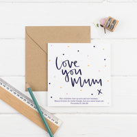 Polka dot love you mum square greeting card with kraft envelope - Proverbs 31:28-29