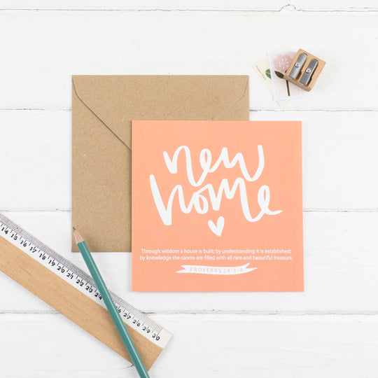 Contemporary hand lettered new home square greeting card - Proverbs 24:3-4