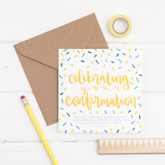 Celebrating your confirmation square greetings card - contemporary hand lettered with kraft envelope