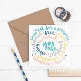 Identity in christ square greetings card - hand lettered circular design with kraft envelope