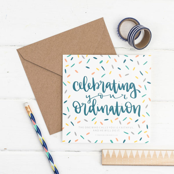 Celebrating your ordination contemporary hand lettered square card with fun hand drawn confetti illustration