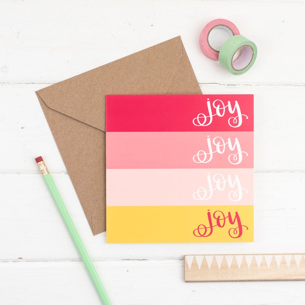 joy joy joy pink and yellow stripe square card with kraft envelope