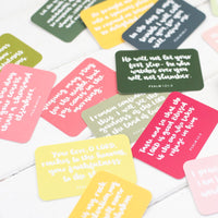 15 85x55mm hand lettered scripture cards in pinks and greens with verses from the psalms in a lovely slide-top tin