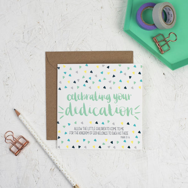 Celebrating your dedication square greetings card - contemporary hand lettered with kraft envelope
