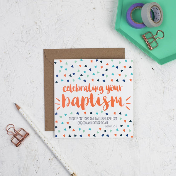 Celebrating your baptism square greetings card - primary colours with kraft envelope
