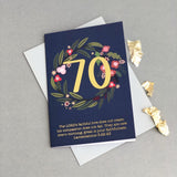 Christian 70th birthday card with gold foil and Lamentations 3:22-23 - flatlay