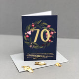 Christian 70th birthday card with gold foil and Lamentations 3:22-23 - card standing