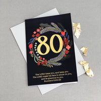 Christian 80th birthday card with gold foil and Numbers 6:24-26 - flatlay