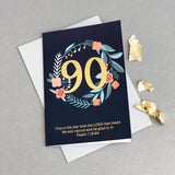 Christian 90th birthday card with gold foil and Psalm 118:24 - flatlay