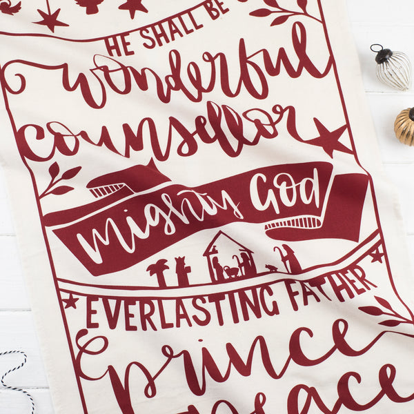 Natural, unbleached cotton festive tea towel screen-printed with the words of Isaiah 9:6