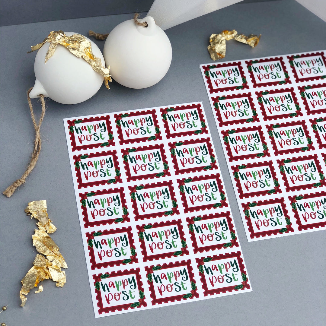 happy post Christmas stickers - red and green with holly - sticker pack