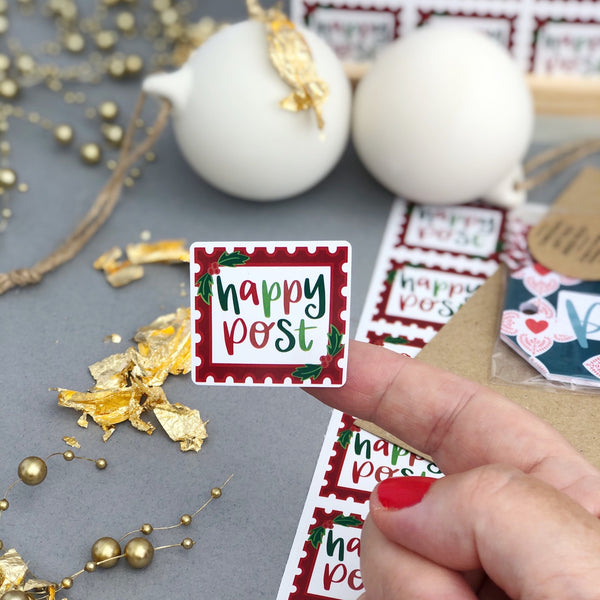 happy post Christmas stickers - red and green with holly - single sticker