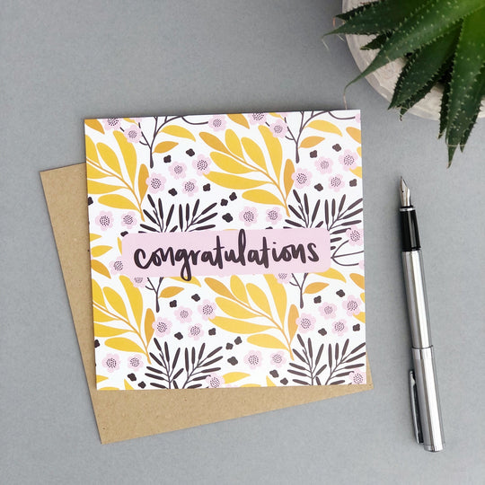 floral congratulations card - hand lettered - flatlay