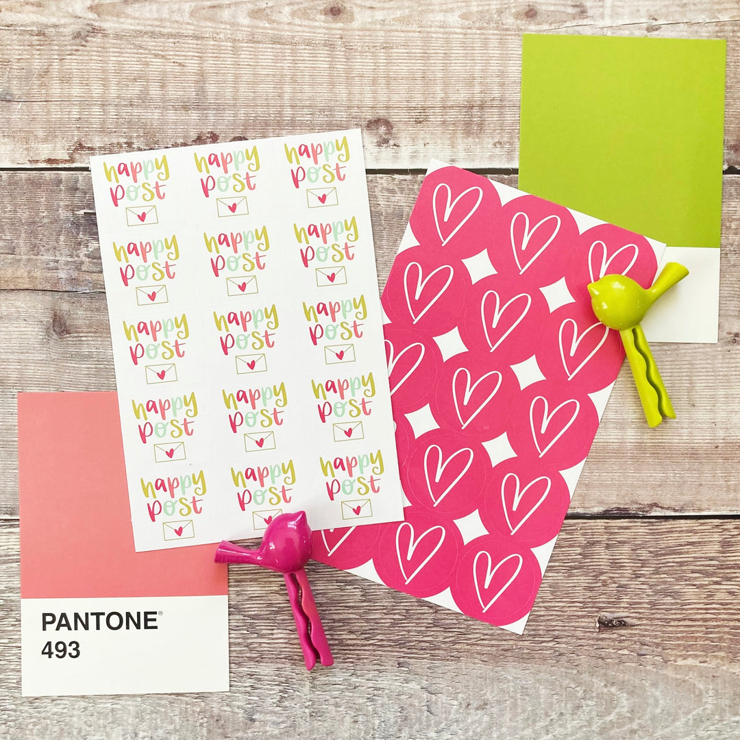Pink and Green Happy Post Sticker Set (30 or 60 Stickers)