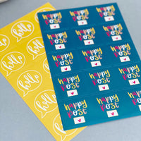 happy post sticker pack - 2 designs - hello and happy post - pack of 30 or 60 - one pack