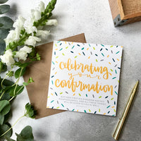 Celebrating your confirmation square greetings card - contemporary hand lettered with kraft envelope