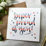 Super proud of you square greeting card - contemporary stripes in blue orange and grey with star illustrations