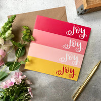 joy joy joy pink and yellow stripe square card with kraft envelope