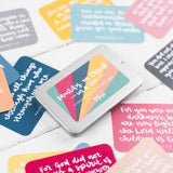 15 brightly coloured hand lettered scripture cards with encouraging scriptures and presented in a lovely slide-top tin