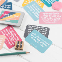 15 brightly coloured hand lettered scripture cards with encouraging scriptures and presented in a lovely slide-top tin