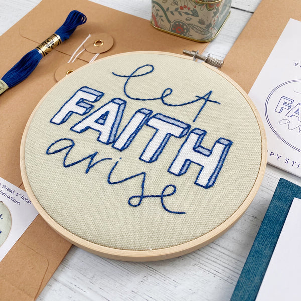 Close up of Let Faith Arise Sand and Blue Christian Embroidery Kit