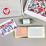 Tin of encouragements, soap in polka dot tissue in a red & green Scandinavian design festive gift box with gift tag