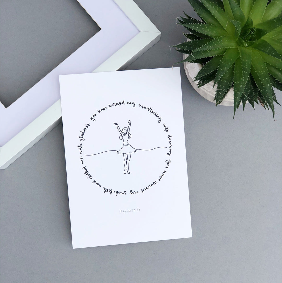 Psalm 30:11 hand lettered print with continuous line illustration
